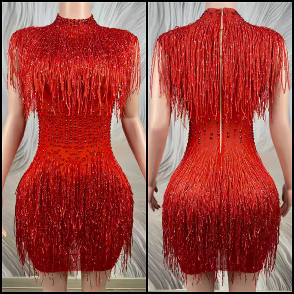 Women Red Sexy Fringe Tassel Rhinestone Dress