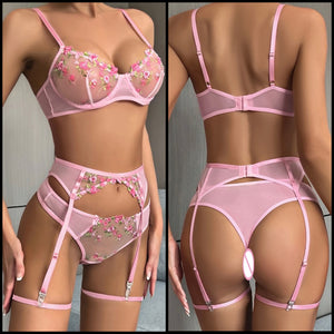 Women Pink Sexy Floral Mesh Lingerie Set