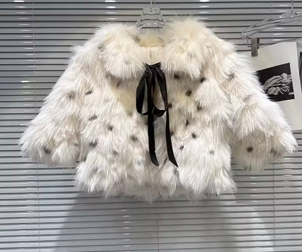Women Fashion Polka Dot Tie Up Faux Fur Crop Jacket