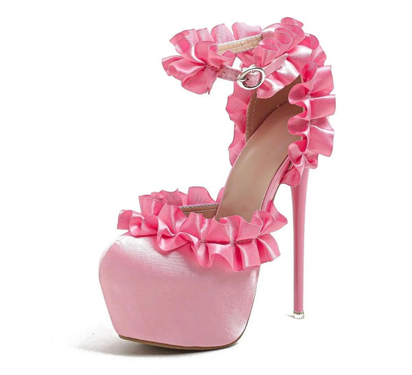 Women Fashion Ruffled Platform Ankle Strap High Heels