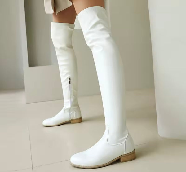Women Color Over The Knee Flat Fashion Faux Leather Boots