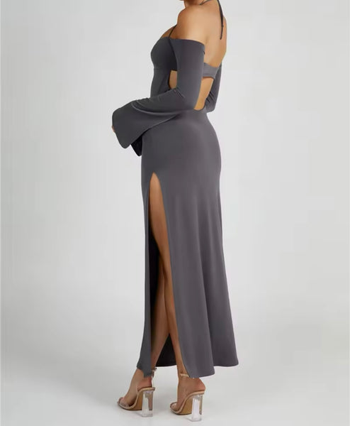 Women Sexy Gray Off The Shoulder Open Back Maxi Dress