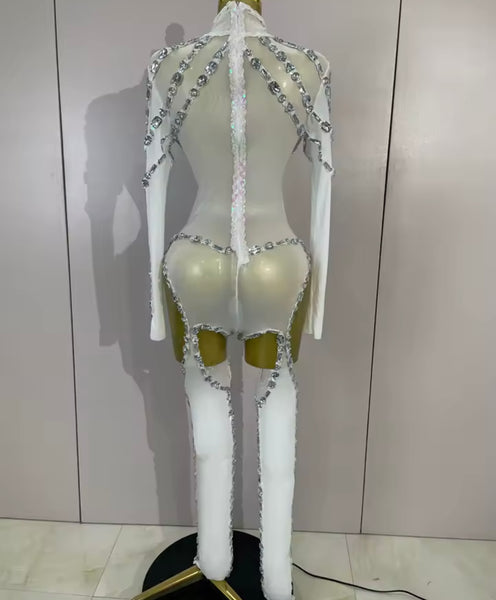 Women Mesh Crystal Full Sleeve Sexy Bodysuit Jumpsuit