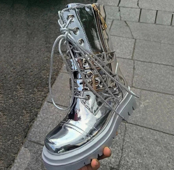 Women Fashion Silver Metallic Lace Up Flat Ankle Boots