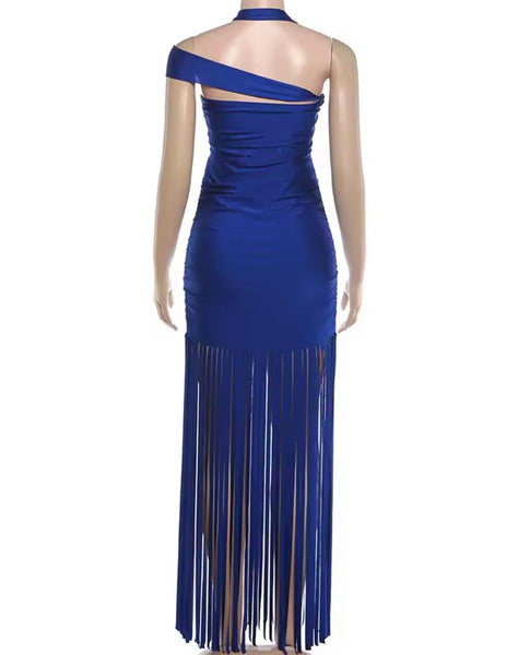 Women Sexy Halter Sleeveless Cut Out Fringe Tassel Maxi Dress