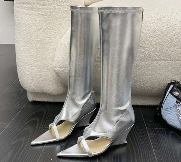 Women Fashion Pointed Open Toe Wedge Platform Knee High Boots