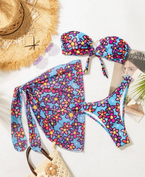 Women Sexy Strapless Blue Floral Bikini Cover Up Set