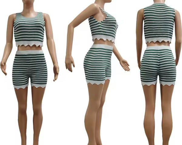 Women Sexy Sleeveless Color Striped Two Piece Short Set