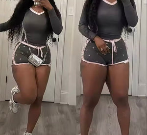 Women Fashion Full Sleeve Printed Ruffled Two Piece Short Set