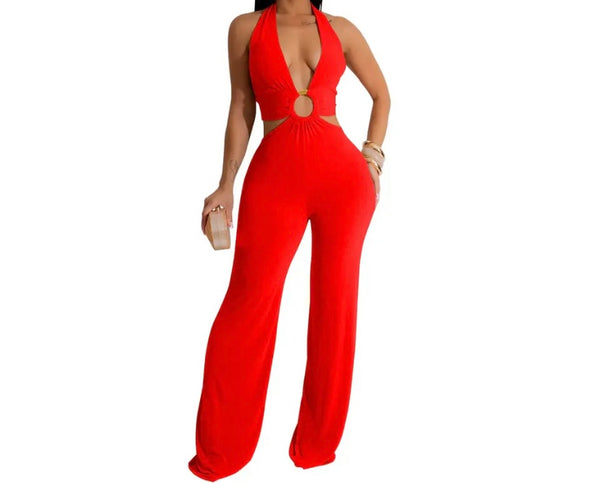 Women Sexy Sleeveless Solid Color Open Tie Up Back Jumpsuit