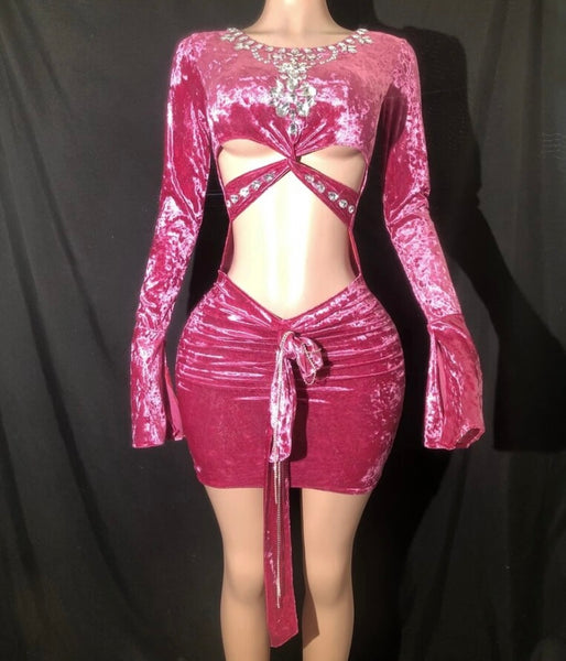 Women Sexy Pink Bling Full Sleeve Cut Out Velour Dress