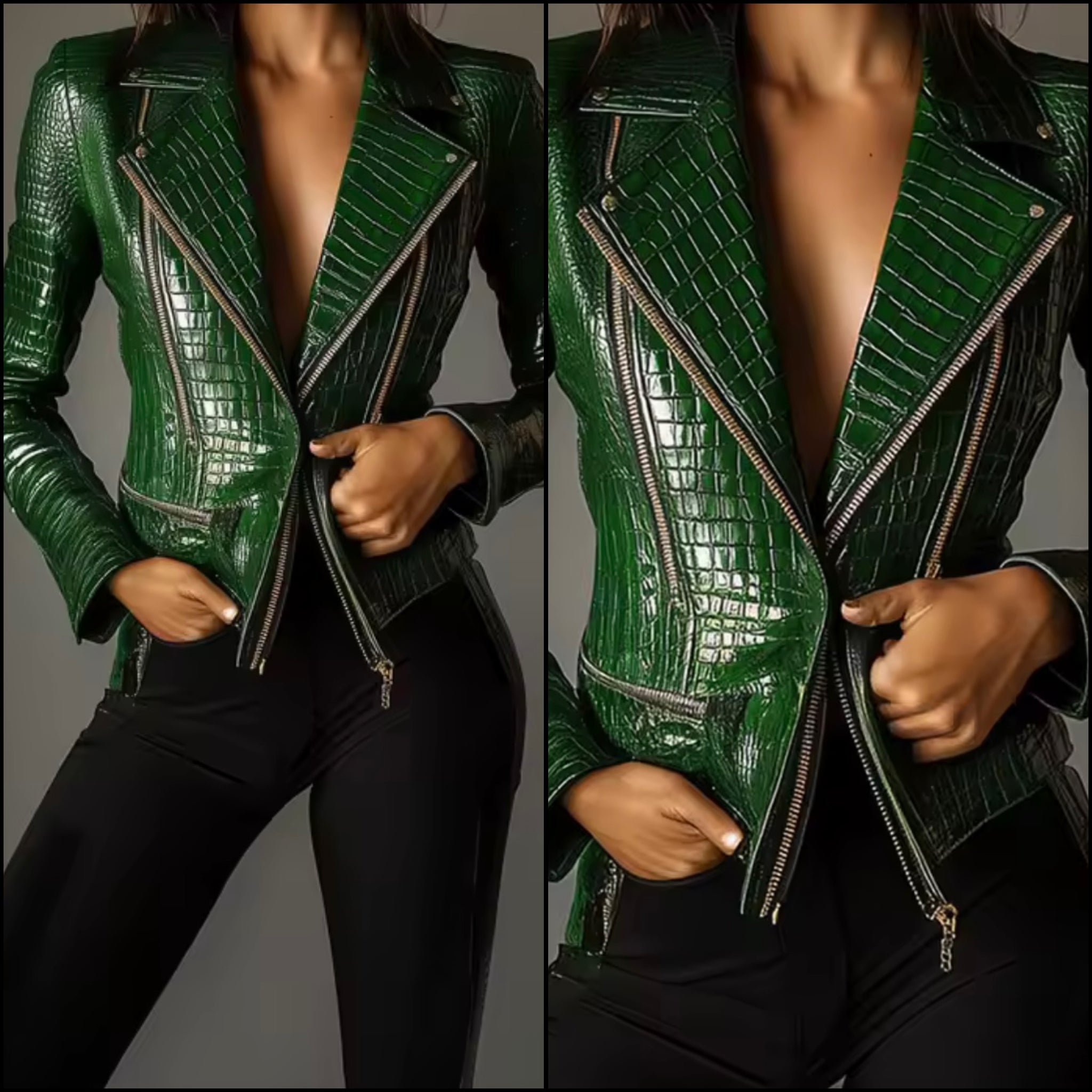 Women Green Zip Up Fashion Faux Leather Jacket