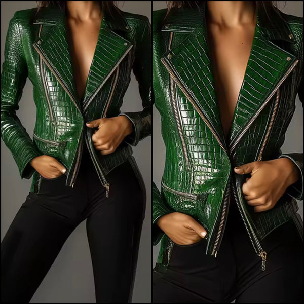 Women Green Zip Up Fashion Faux Leather Jacket