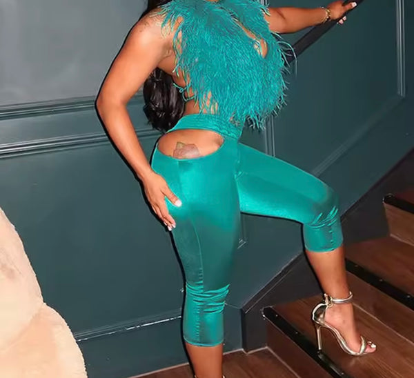 Women Sexy Feather Halter Sleeveless Two Piece Capri Pant Set