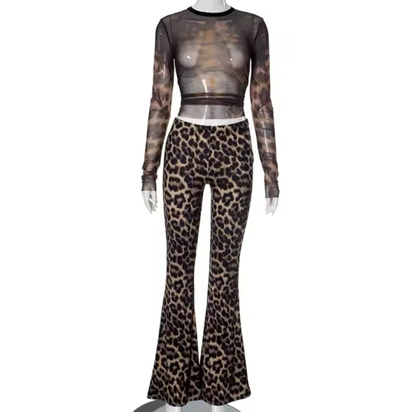 Women Sexy Leopard Print Mesh Full Sleeve Two Piece Pant Set