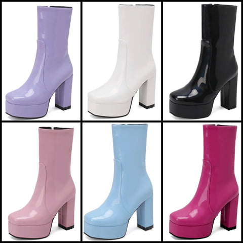 Women Fashion PU Square Heel Ankle Boots