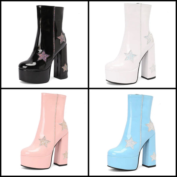 Women Fashion Star Patent Leather Platform High Heel Ankle Boots