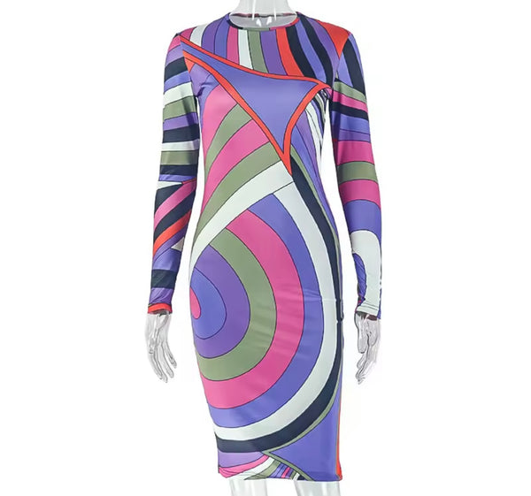 Women Sexy Multicolored Striped Full Sleeve Dress