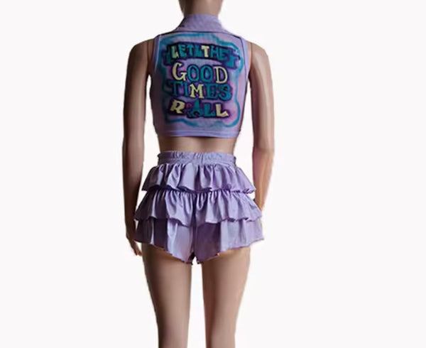 Women Printed Collar Sleeveless Two Piece Ruffled Short Set