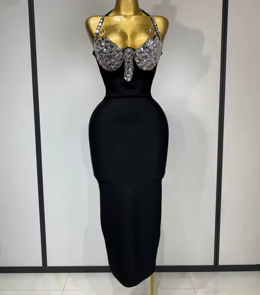 Women Sexy Halter Sleeveless Black Rhinestone Bandage Dress