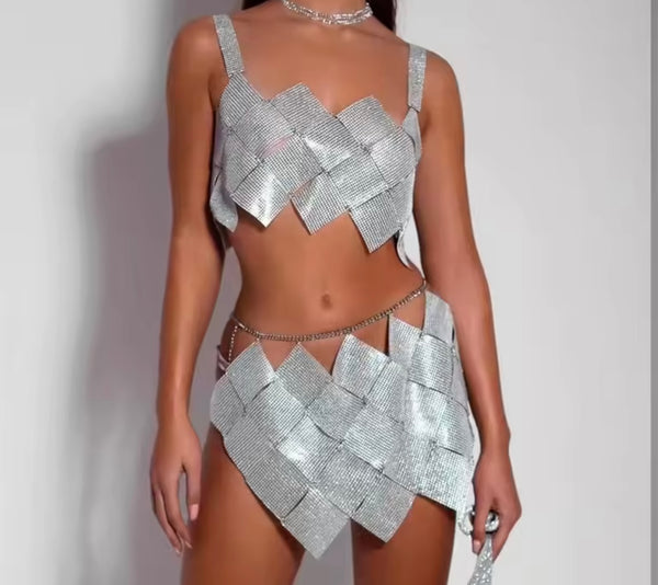 Women Sexy Halter Sleeveless Open Back Bling Two Piece Skirt Set