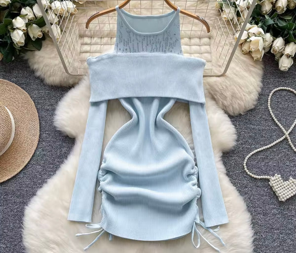 Women Bling Ribbed Full Sleeve Sexy Drawstring Dress