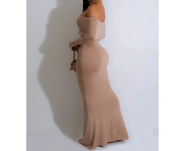 Women Sexy Solid Color Off The Shoulder Full Sleeve Maxi Dress