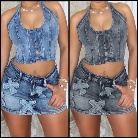 Women Sexy Sleeveless Lace Up Halter Two Piece Denim Skirt Set