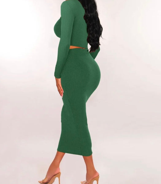 Women Ribbed Solid Color Full Sleeve Two Piece Maxi Skirt Set