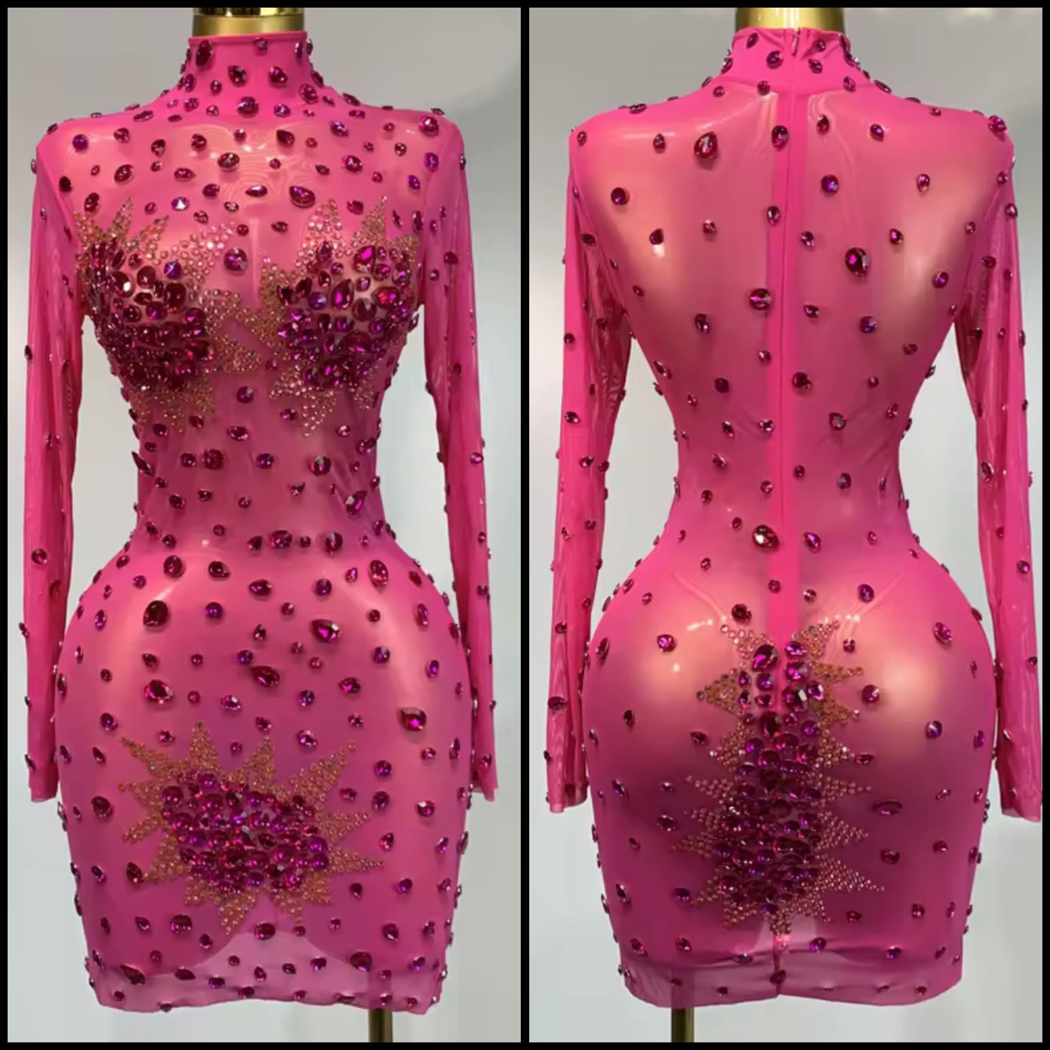Women Sexy Bling Crystal Mesh Full Sleeve Dress