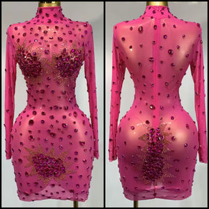 Women Sexy Bling Crystal Mesh Full Sleeve Dress