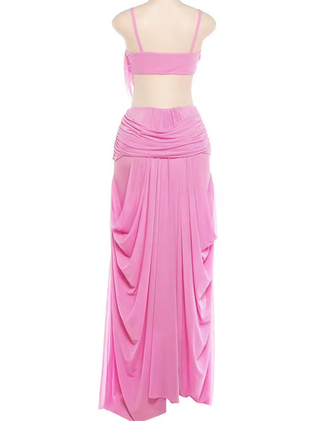 Women Pink Sexy Sleeveless Draped Two Piece Maxi Skirt Set