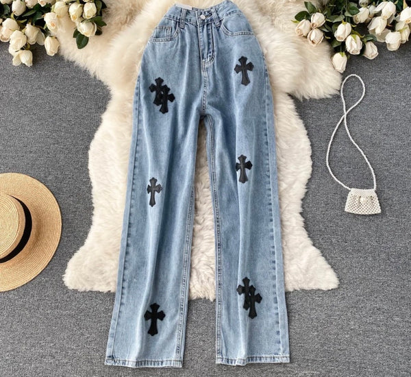 Women Fashion Color Cross Denim Pants