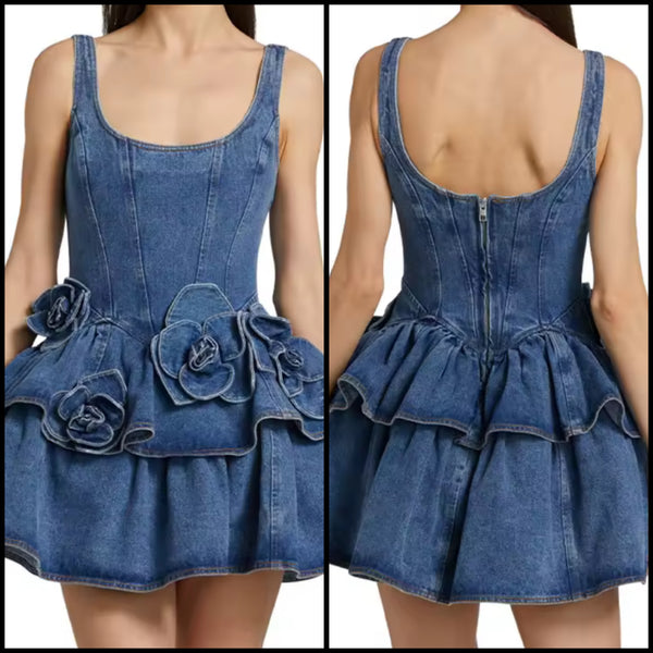 Women Sleeveless Floral Ruffled Fashion Denim Dress