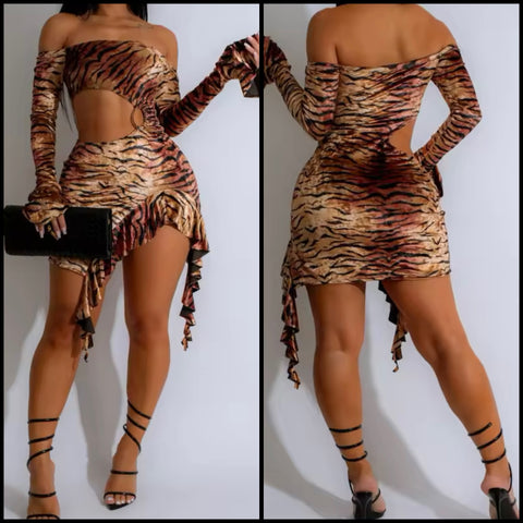 Women Sexy Off The Shoulder Full Sleeve Leopard Cut Out Dress