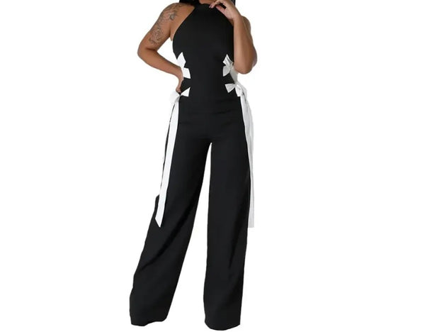 Women Black Sleeveless Sexy Side Tie Up Jumpsuit