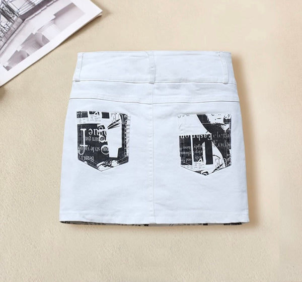 Women Fashion White Graffiti Print Denim Skirt