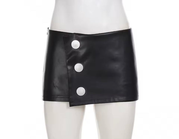 Women Black Silver Button Faux Leather Fashion Skirt