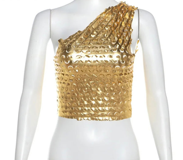 Women Fashion PU One Shoulder Sleeveless Gold Crop Top