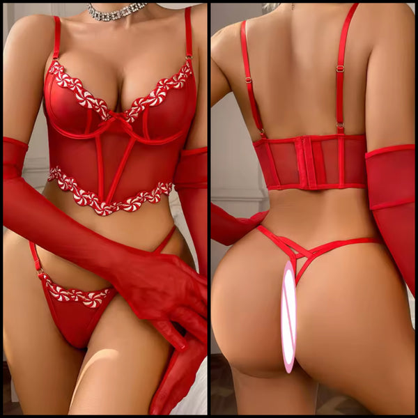 Women Sexy Red Mesh Glove Lingerie Set