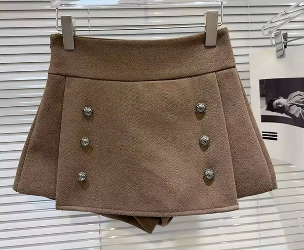 Women Color Fashion Button Tweed Wrap Shorts