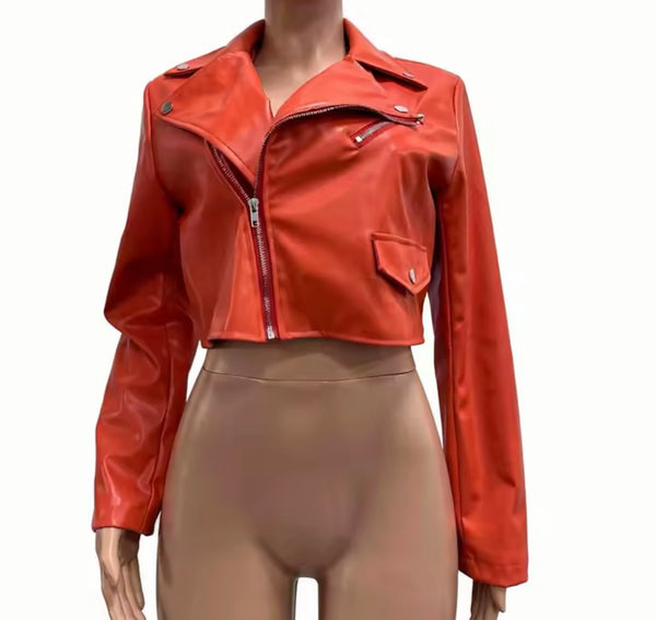 Women Color Zip Up Faux Leather Crop Jacket