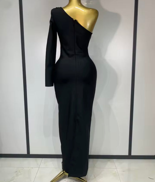 Women Black Color Crystal One Shoulder Full Sleeve Maxi Dress