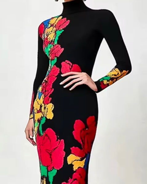 Women Black Multicolored Floral Print Turtleneck Full Sleeve Maxi Dress