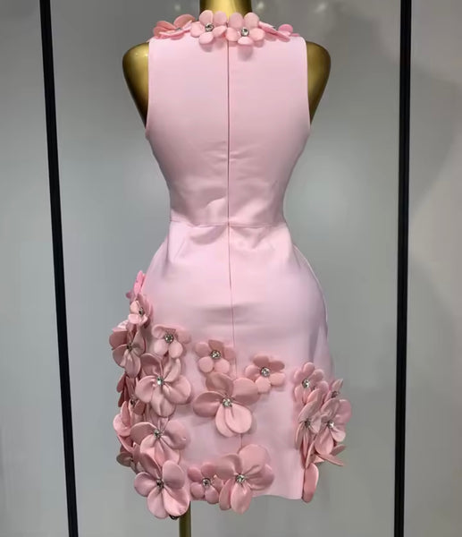 Women Sexy Sleeveless 3D Floral Pink Dress