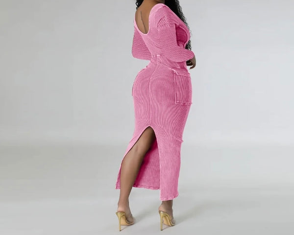 Women Sexy Full Sleeve Solid Color Ribbed Maxi Dress