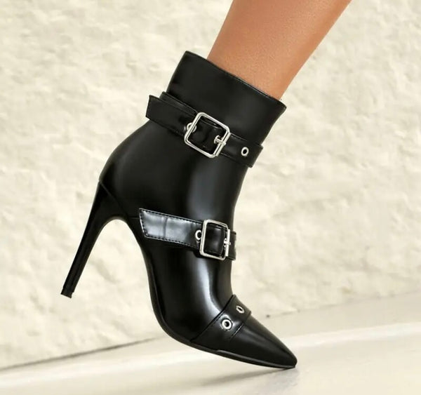 Women Fashion Pointed Toe Buckled Faux Leather Ankle Boots