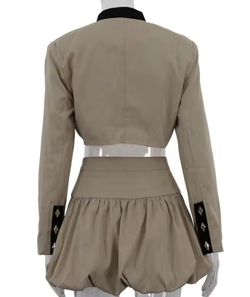 Women Color Patchwork Button Up Two Piece Fashion Skirt Set