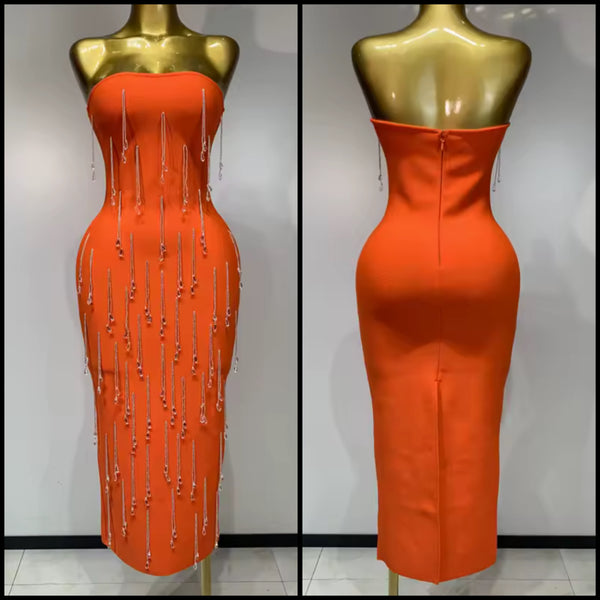 Women Sexy Orange Strapless Tassel Crystal Maxi Dress