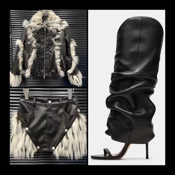 Women Black Open Toe Ruched Faux Leather Fashion Boots